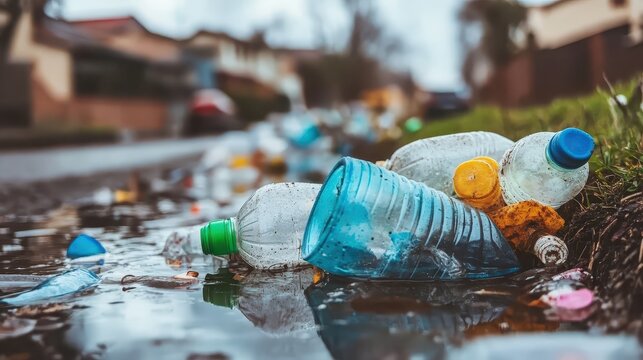 Plastic bottles and debris clog a drainage ditch near a suburban street, creating an environmental hazard.