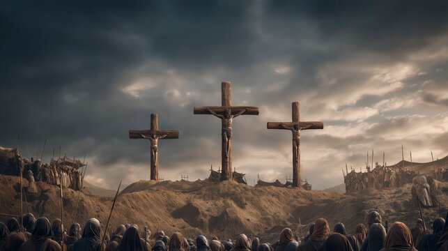 Three crosses rise on Golgotha beneath a cloudy sky, declaring that even in suffering and loss, God&rsquo;s love offers redemption and eternal hope.
