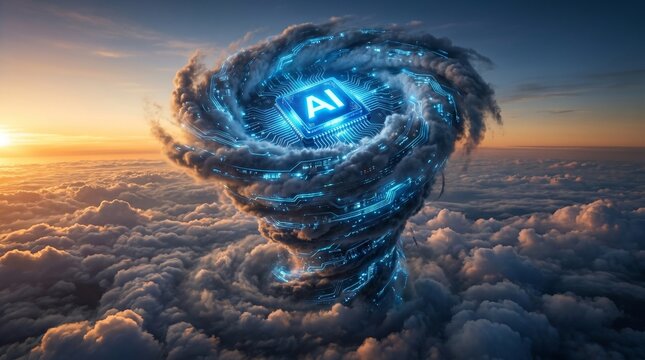 Artificial Intelligence concept visualizing global cloud computing innovation and digital transformation powering future business solutions