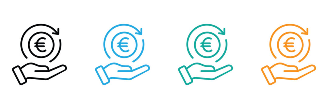 Vector icons of hands holding rotating euro coins in four colors, symbolizing financial transactions and currency exchange on white background