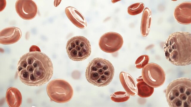 Plasmodium schizont inside red blood cell, 3D animation showing mature malaria parasite with multiple merozoites, illustrating erythrocytic stage of infection.