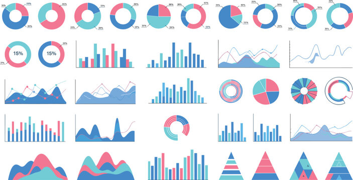 Colorful infographic vector charts set with pie graphs bar diagrams line charts area graphs pyramid shapes and statistics