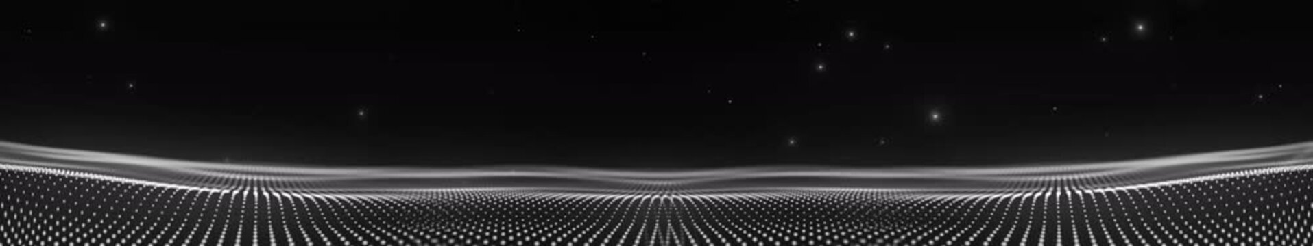 Black White Digital Dot Grid Horizon Background, Monochrome Futuristic Technology Landscape Animation, Widescreen Loop