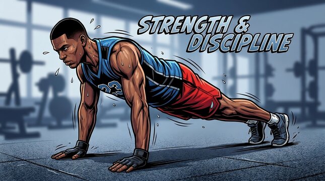 Strength and Discipline fitness illustration, muscular man performing pushups in gym, athletic male training with intense workout motivation