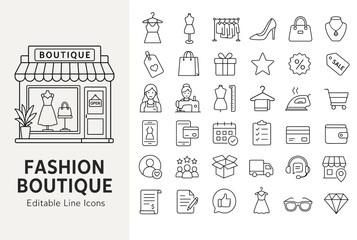 Naklejka premium Fashion Boutique and Retail Line Icons Set for Shopping and E-commerce Business