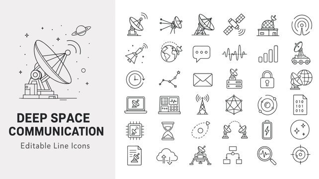 Deep Space Communication and Astronomy Editable Line Icons Set