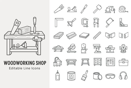Woodworking shop tools and equipment line icons set for carpentry, craft, and construction projects
