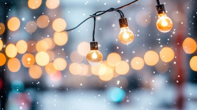 Soft winter wonderland with glowing holiday lights and falling snow, creating a magical festive atmosphere