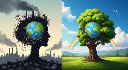 Naklejka premium Comparison of polluted and healthy earth with human face tree silhouettes