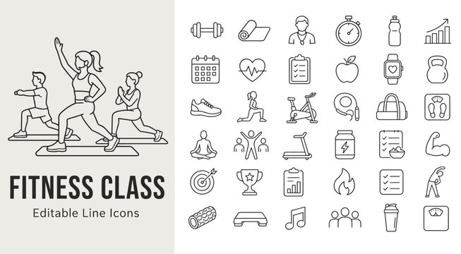 Fitness class and workout editable line icons set for health, exercise, and gym activities