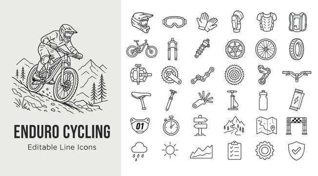 Enduro Cycling Editable Line Icons Set with Mountain Biker Illustration and Bike Parts for Extreme Sport and Outdoor Adventure