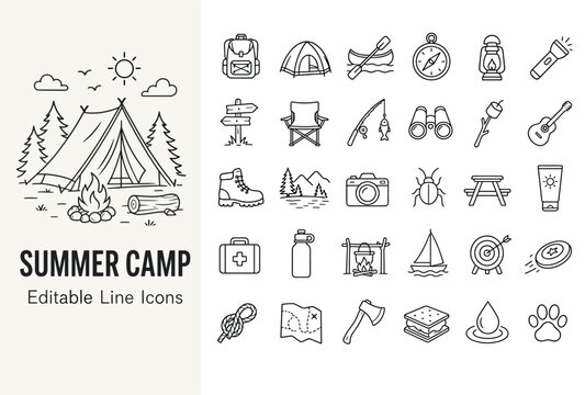 Summer Camp and Outdoor Adventure Line Icons Set with Camping Gear and Nature Activities