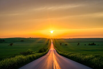 Fototapeta premium A serene sunrise over a winding road amidst vast fields of blooming flowers