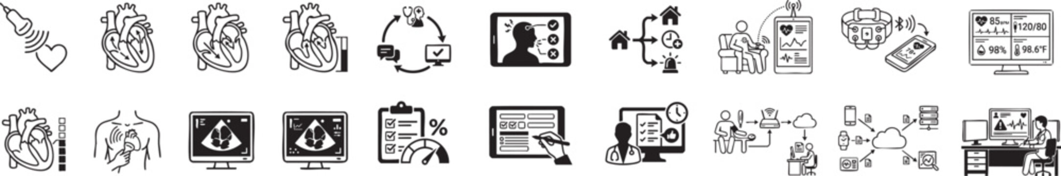 Specialized cardiac diagnostic icons illustrating echocardiography heart rhythm analysis remote health monitoring and digital patient clinical record systems