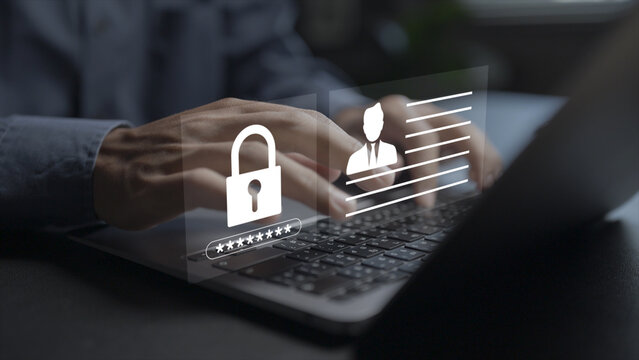 Employee confidentiality concept. Person using laptop with privacy and data protection icons, confidential information security, workplace privacy and corporate compliance.