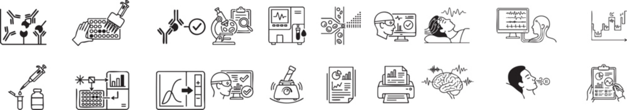 Collection of medical and scientific icons, featuring brain scans, EEG readings, neurological tests and psychology concepts