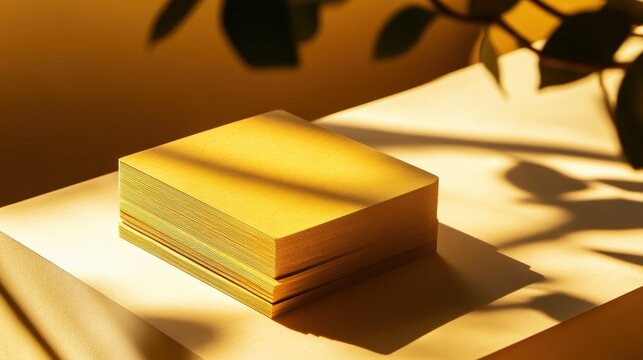 Stack of Modern Eco-Friendly Business Cards Showcasing Clean Designs with Warm Natural Lighting and Shadows