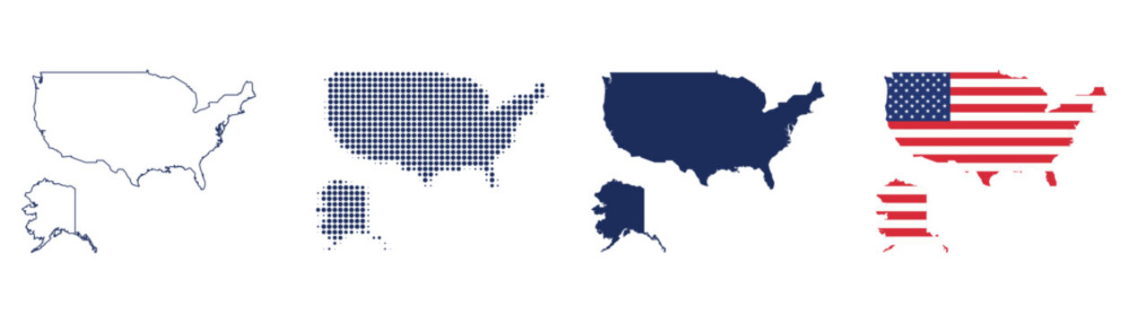 United states map set with outline, halftone dot pattern, solid silhouette, and us flag texture usa map icons vector illustration