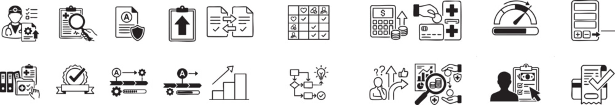 Healthcare management and medical insurance billing icons representing clinical documentation patient records administrative forms financial reports