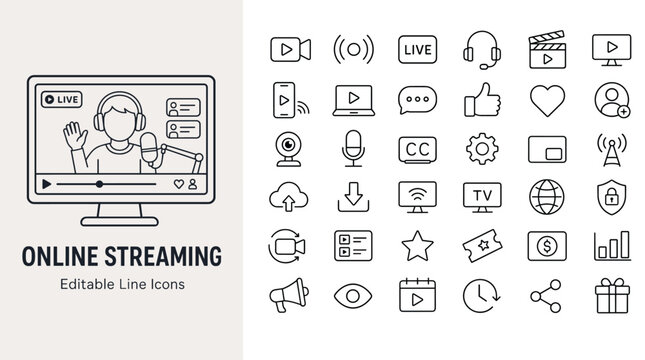 Online streaming line icons set for live broadcasting, video podcast, and social media content creation