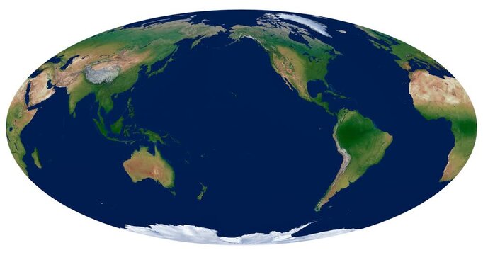 World Map. Mollweide projection animation showing detailed global view. Rotating longitude for dynamic perspective.