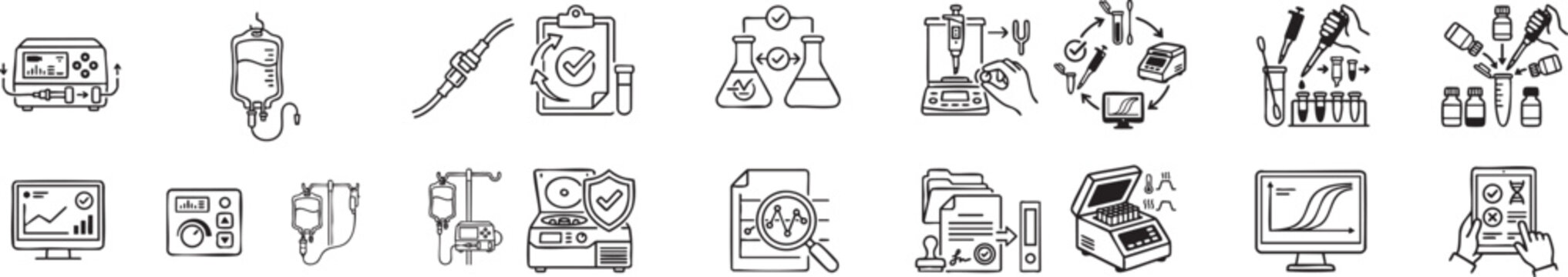 Laboratory science workflow icons featuring chemical reagents titration sampling measurements data analysis and automated medical testing procedures