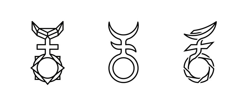 Three minimalist line art symbols representing alchemical elements on a white background