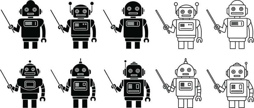 Black and white robot icons holding swords