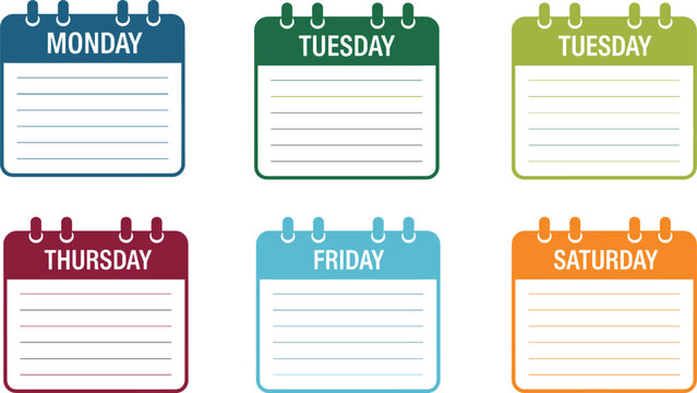 Colorful weekly calendar vector set with days of the week planner schedule organizer and reminder note icons