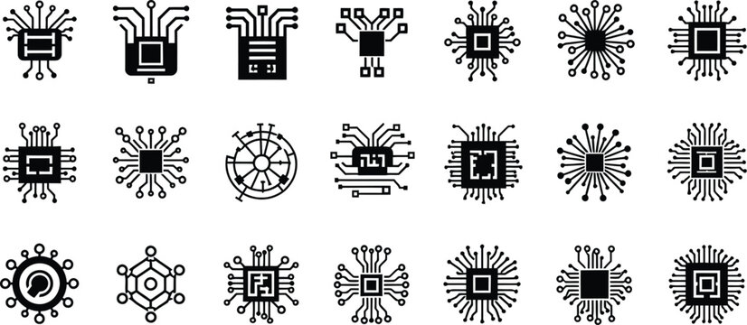 Black circuit board icons set