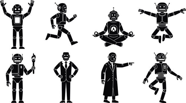 Black and white robot characters in different poses