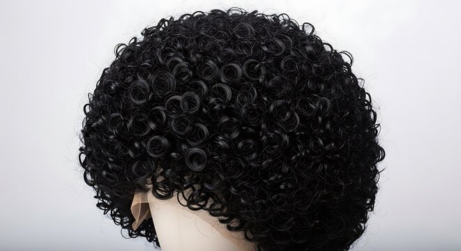 Short black curly hair wig on a mannequin head