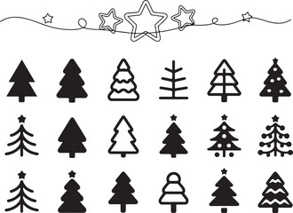 Obraz premium Collection of various christmas tree icons and decorative stars in simple line art for festive seasonal design