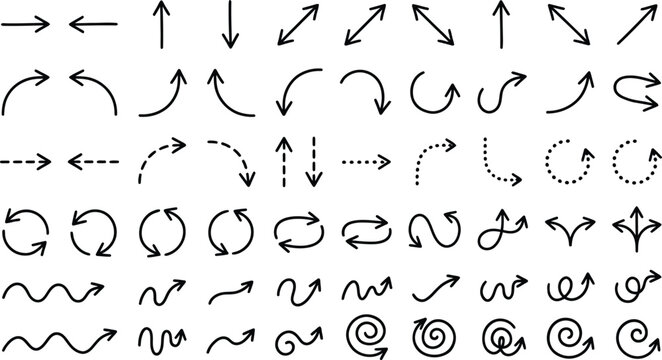Hand drawn arrow set directional indicators and flow symbols for design