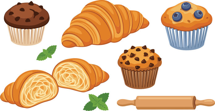 Delicious sweet pastry icons bundle with sliced butter croissant french brioche baked chocolate muffin and bakery tool for cafe breakfast menu design layout