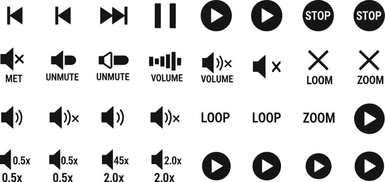 Black video player control icons set