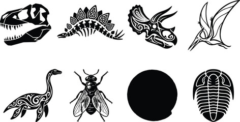 Black and white tribal dinosaur and prehistoric fossil silhouette icon set isolated on white background © MstMahurun
