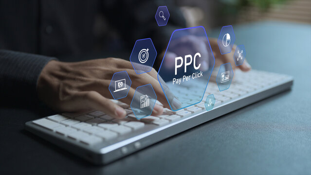 PPC pay per click advertising concept. Person typing keyboard with online advertising and analytics icons, digital marketing campaign, paid traffic and search engine marketing.