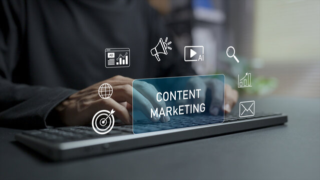 Digital content marketing strategy concept. Person typing keyboard with social media and analytics icons, brand communication, content distribution and marketing performance.