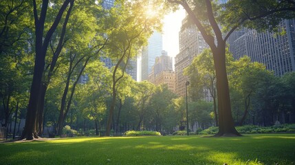 Obraz premium Sunlight beams through lush trees in an urban park with towering city skyscrapers in the background