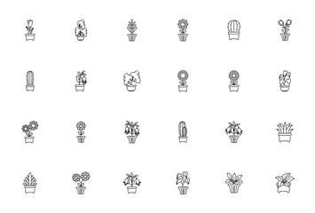 Obraz premium Flower and plant icon set. Minimalist icons pack. Vector illustration. Includes symbols for flower pot, plant pot, cactus and more. Editable vector stroke.