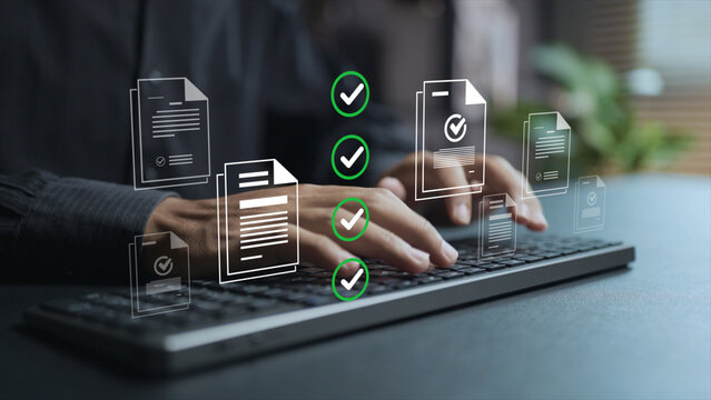 Business performance checklist for form approval concept. Person typing keyboard with approval and performance tracking icons, workflow verification, KPI monitoring and business process management.