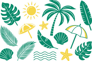 Obraz premium Tropical summer vacation icons with palm trees and beach elements