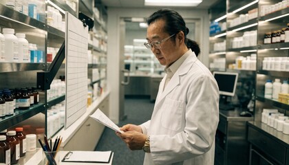 Fototapeta premium Pharmacy professional in a white coat reviewing a paper beside a blank wall chart, surrounded by organized shelves of medicine bottles and supplies in a bright clinical workspace