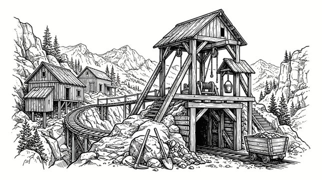Vintage Hand Drawn Gold Mine with Wooden Structures and Mountain Landscape Vector Illustration