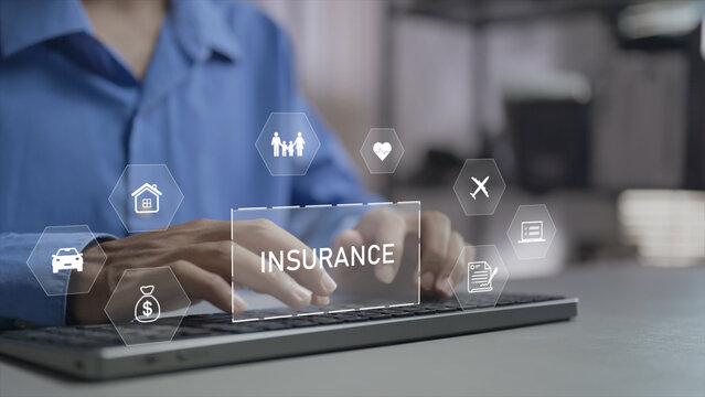 Insurance and insurtech concept. Person typing keyboard with health, family, car, travel and financial protection icons, digital insurance services, risk management and smart coverage solutions.