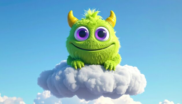 Adorable Green Monster Perched on a Cloud Against a Blue Sky, Smiling and Happy.