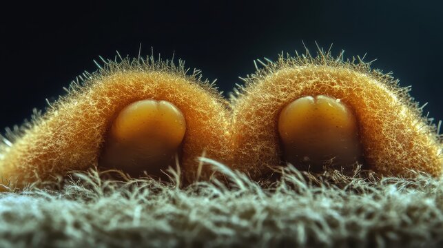 Close up detailed view of two orange sea urchins showing their spines and tube feet on the ocean floor