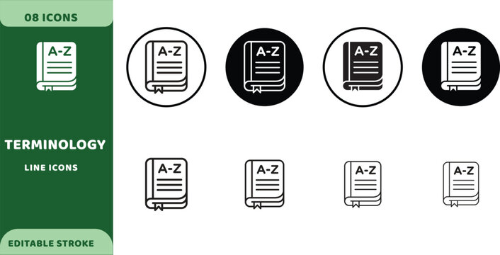Terminology line icons. Business glossary vocabulary guide, educational language textbook, and alphabetical dictionary vector signs set