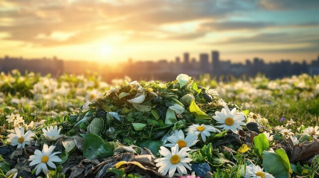 Compost heap in a vibrant meadow with a city skyline at sunrise, symbolizing urban sustainability initiatives and the cycle of renewal